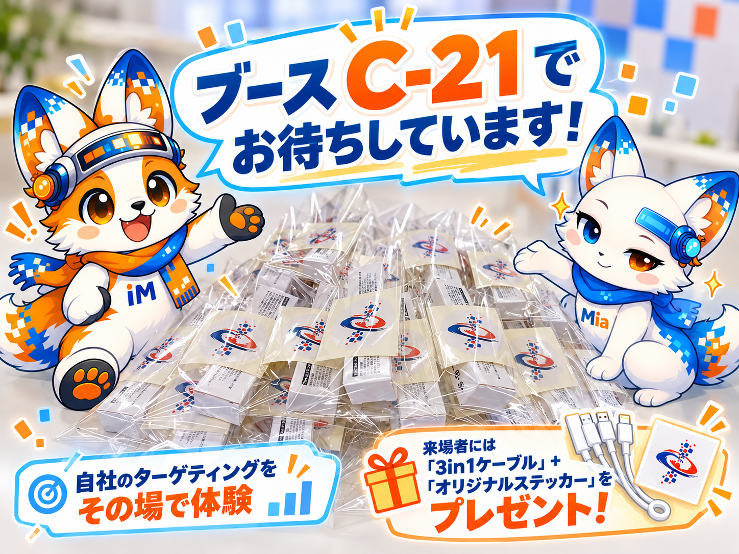 ブースC-21でターゲティング体験とオリジナルノベルティを案内するiMくんとMia