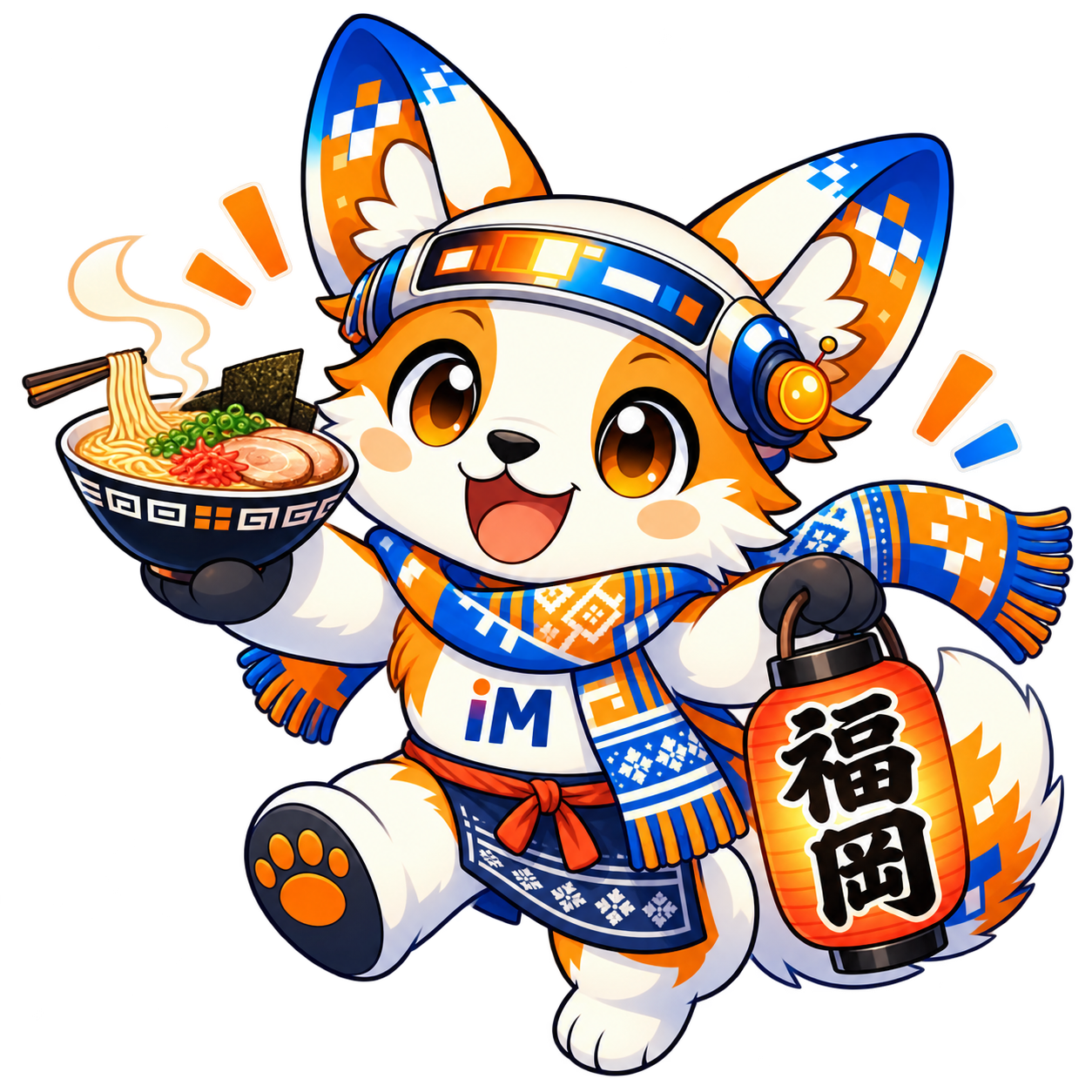 博多ラーメンと福岡の提灯を持つ福岡限定iM（アイム）くん
