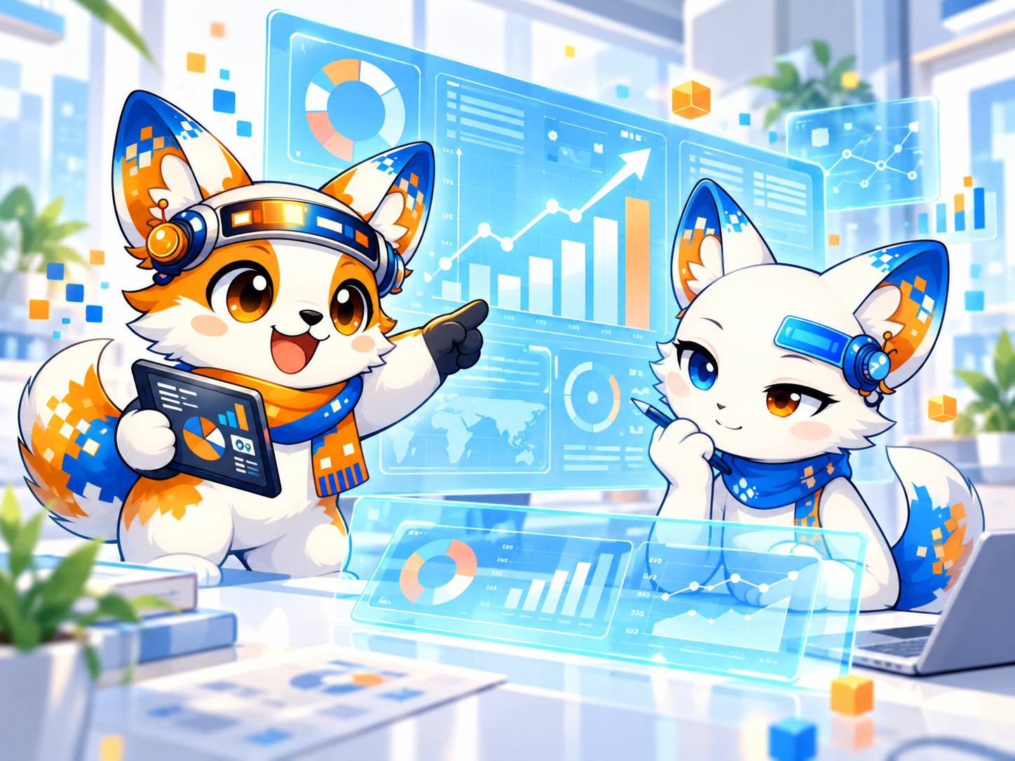 iMくんとMiaがデータを一緒に分析するイラスト