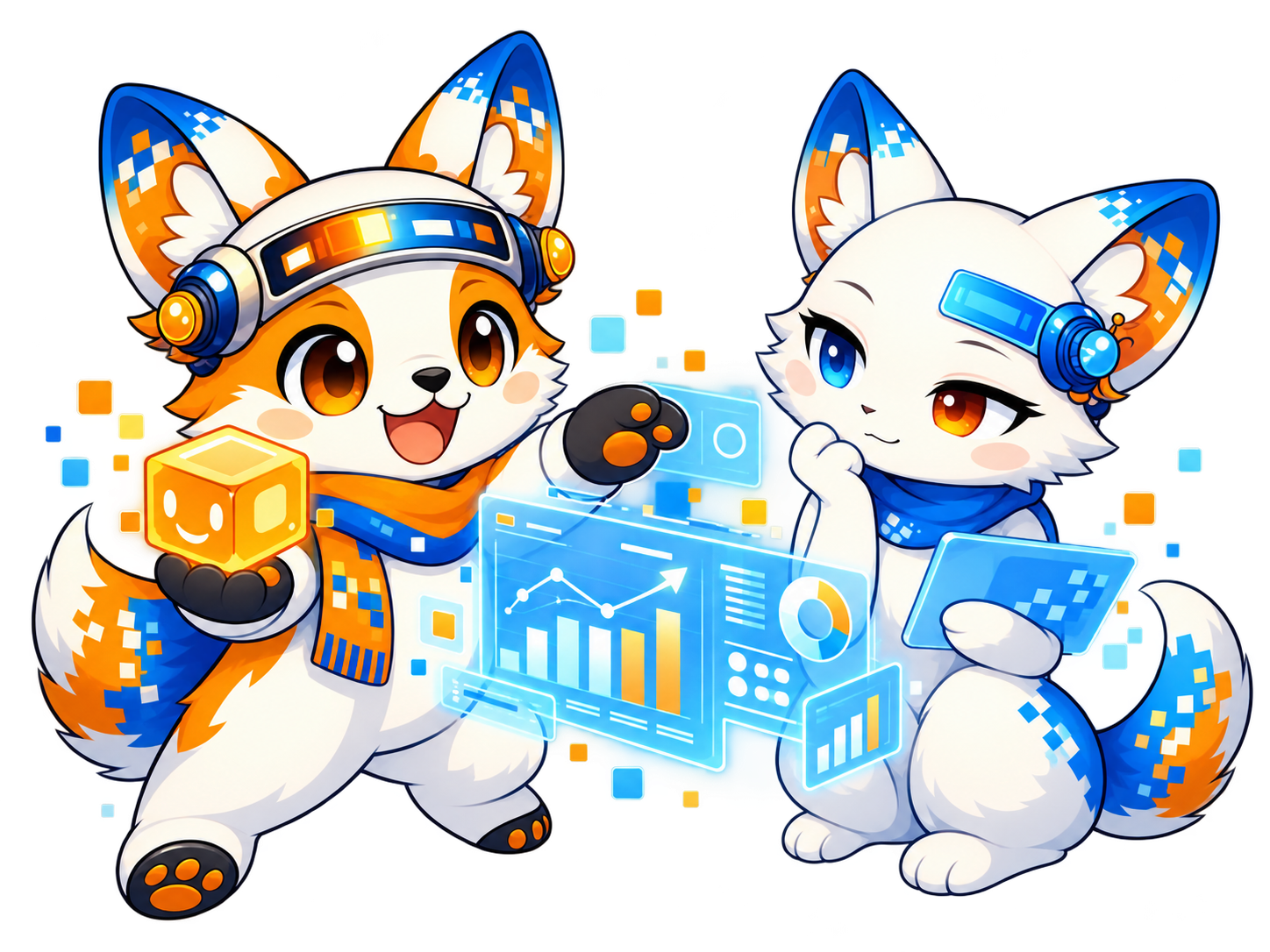 iMくんとMiaがデータを見ながら意見を交わすイラスト